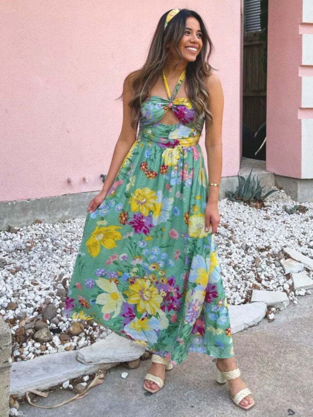 H&M Green Floral Halter Maxi Dress Size M